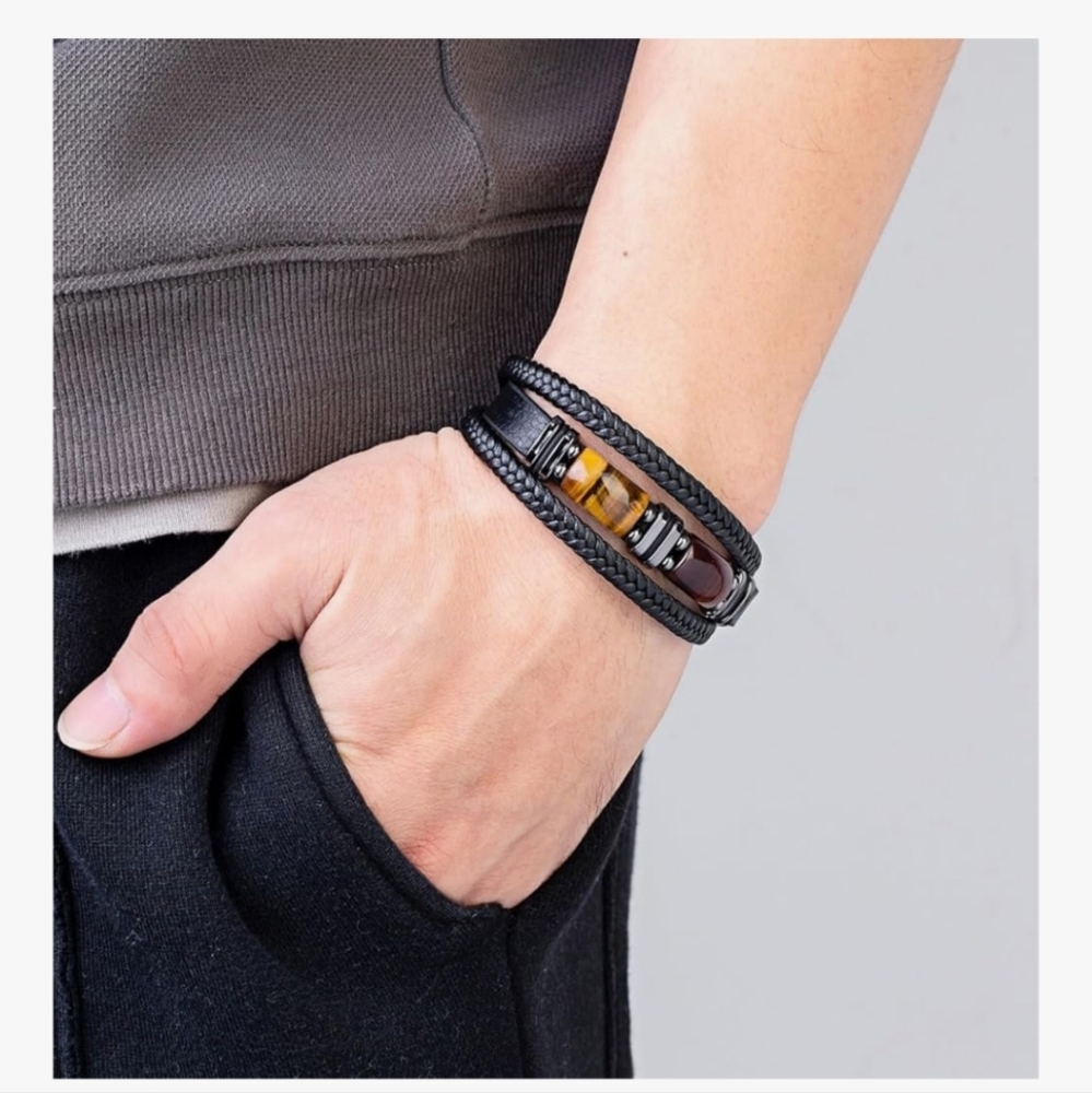 Men's Leather Tiger Eye Bracelet - Picture 3 of 4